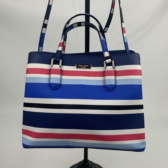 Kate Spade leather Striped Blue Pink satchel crossbody Bag 3 Pockets Designer - Picture 1 of 16